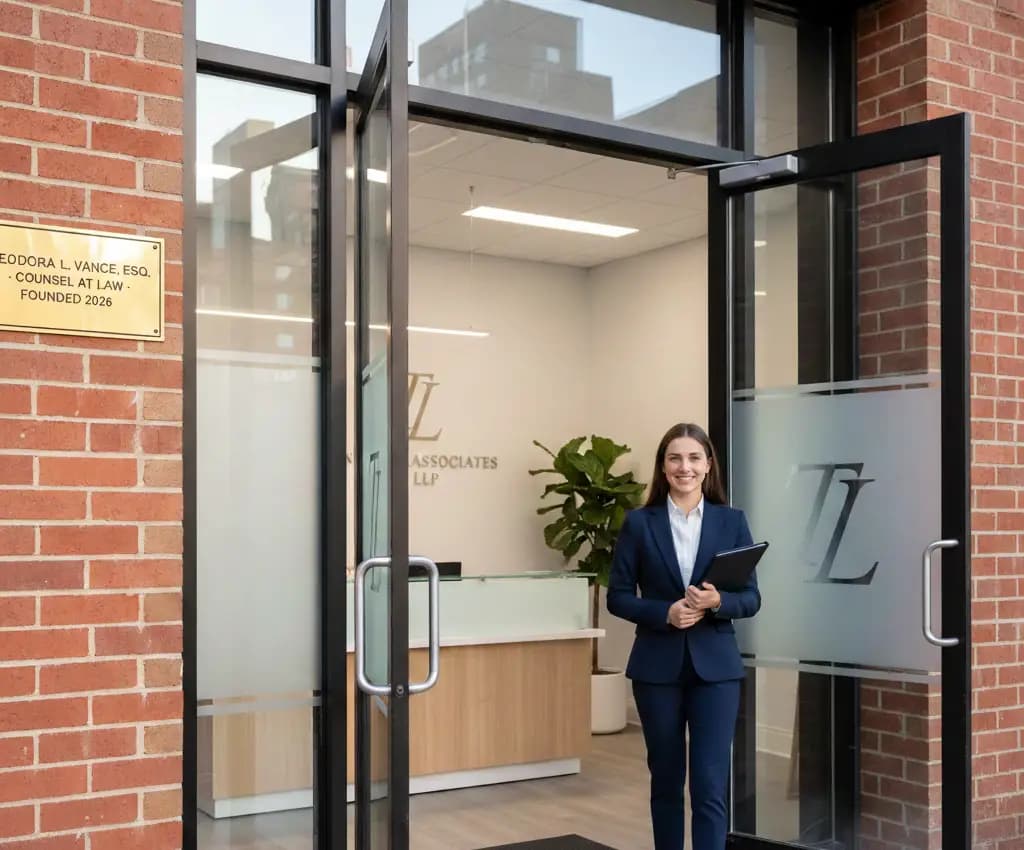 Attorney standing at the entrance of her new law firm after completing professional corporation formation.