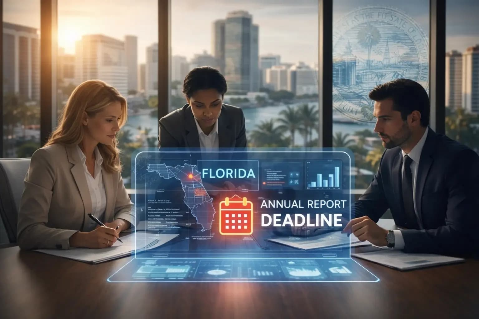 Financial professionals reviewing the Florida corporation annual report deadline and filing information on a digital display.