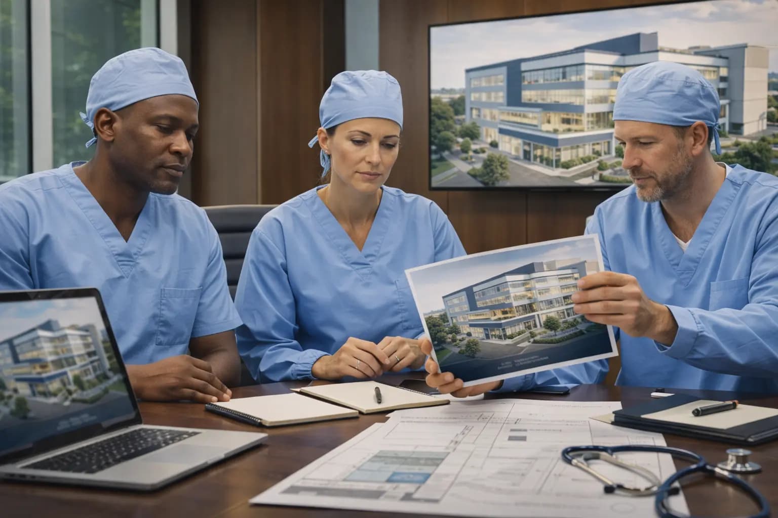 Doctors reviewing building plans for a new medical center during their Florida LP formation.