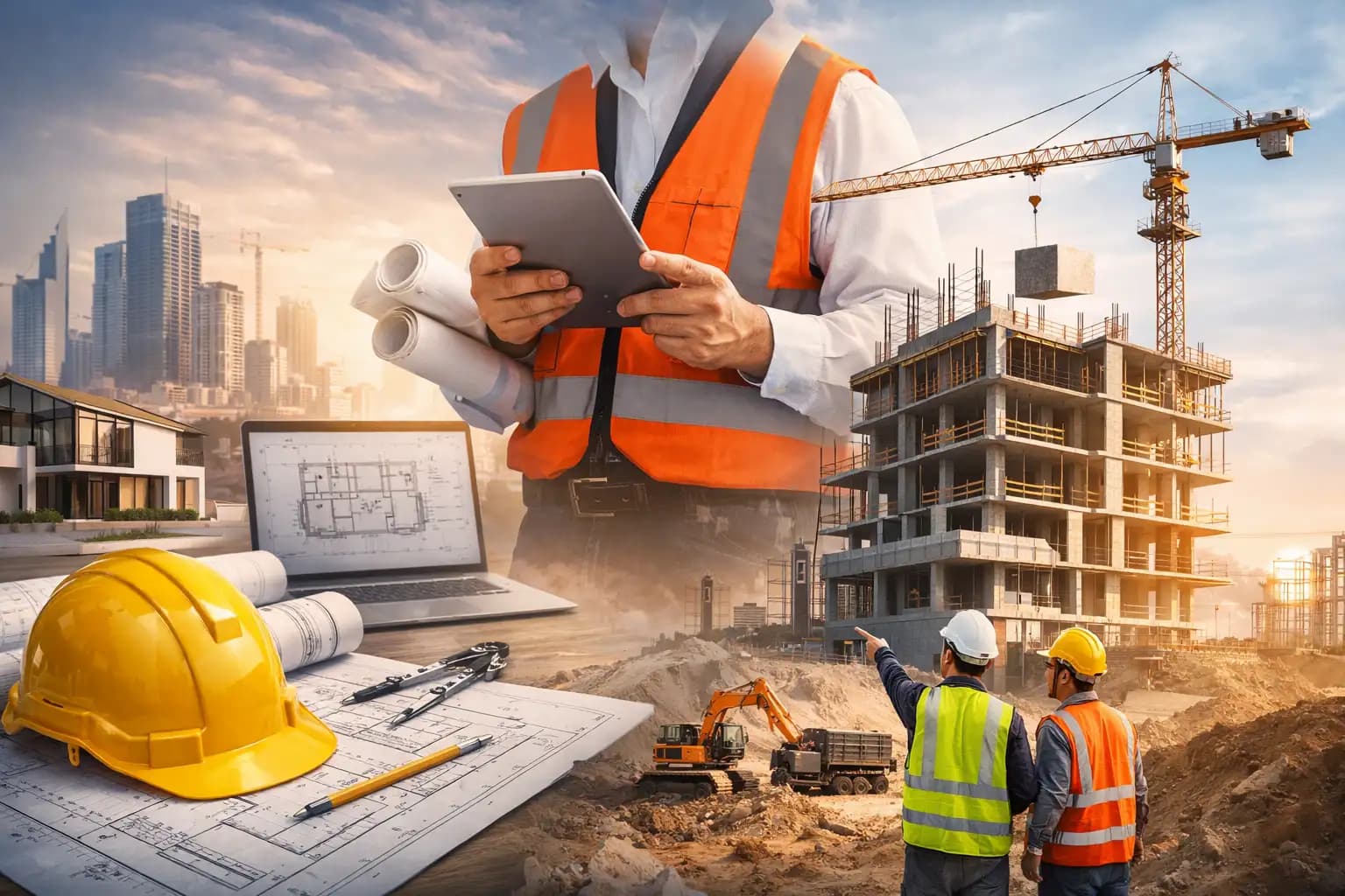 Civil engineer at a construction site reviewing plans for a Florida foreign entity registration.