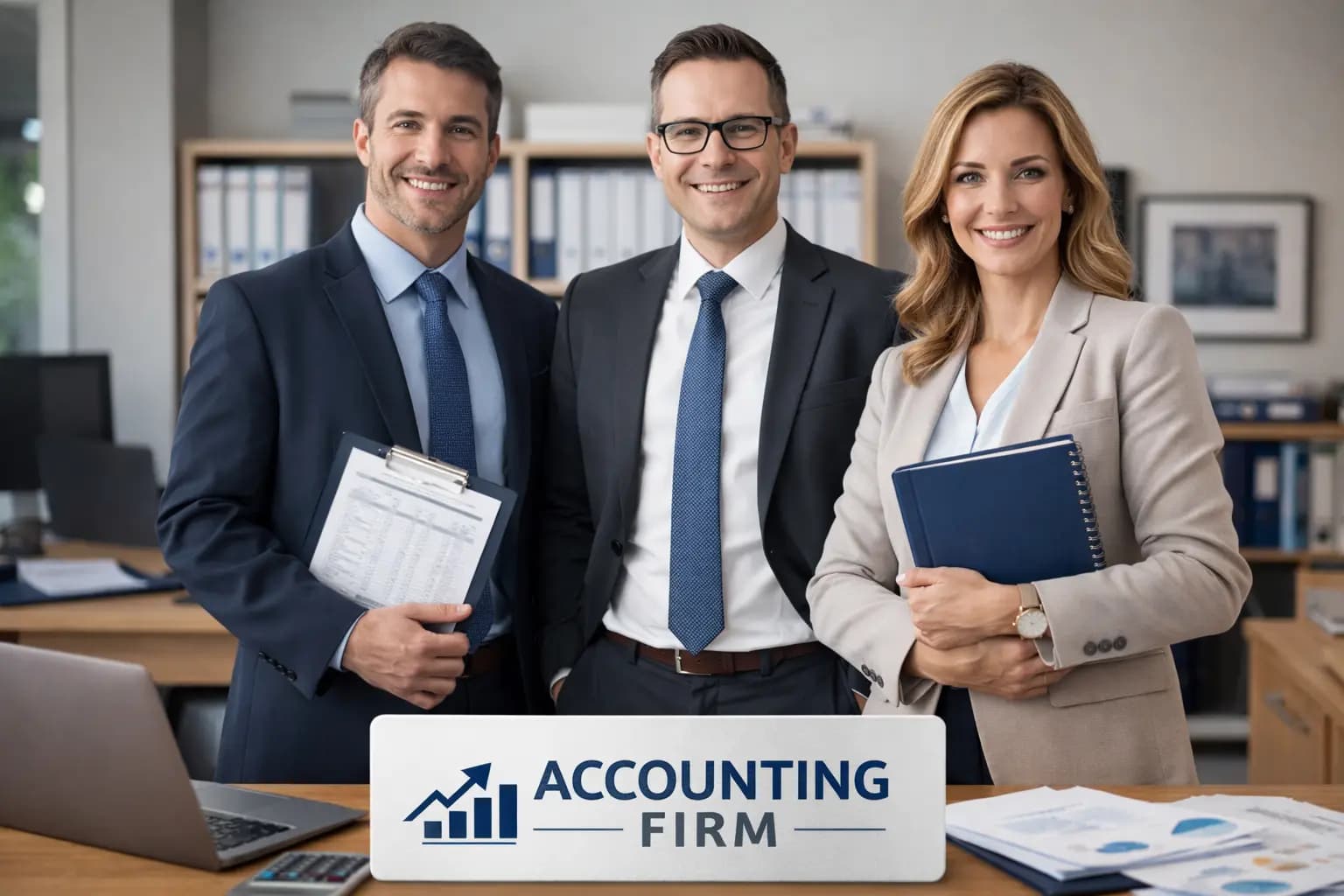 Three smiling professionals behind an Accounting Firm sign, ready for their Florida LLP registration.