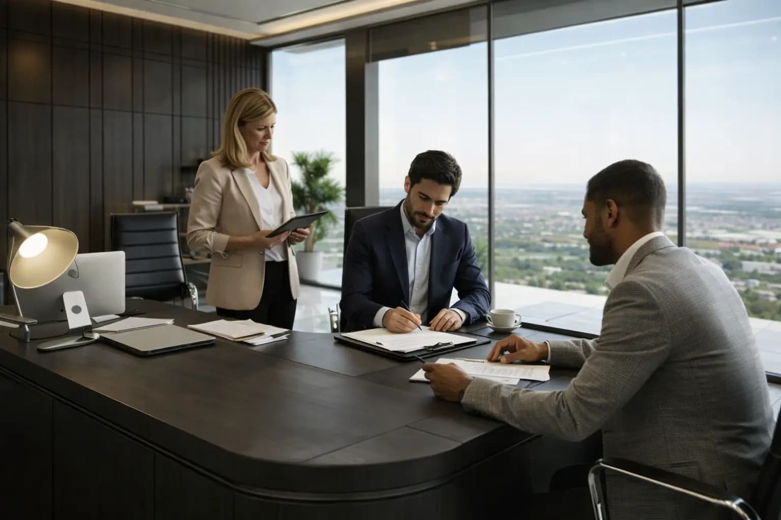 Advertising agency founders in a high-rise office signing paperwork for a Florida Certificate of Status.