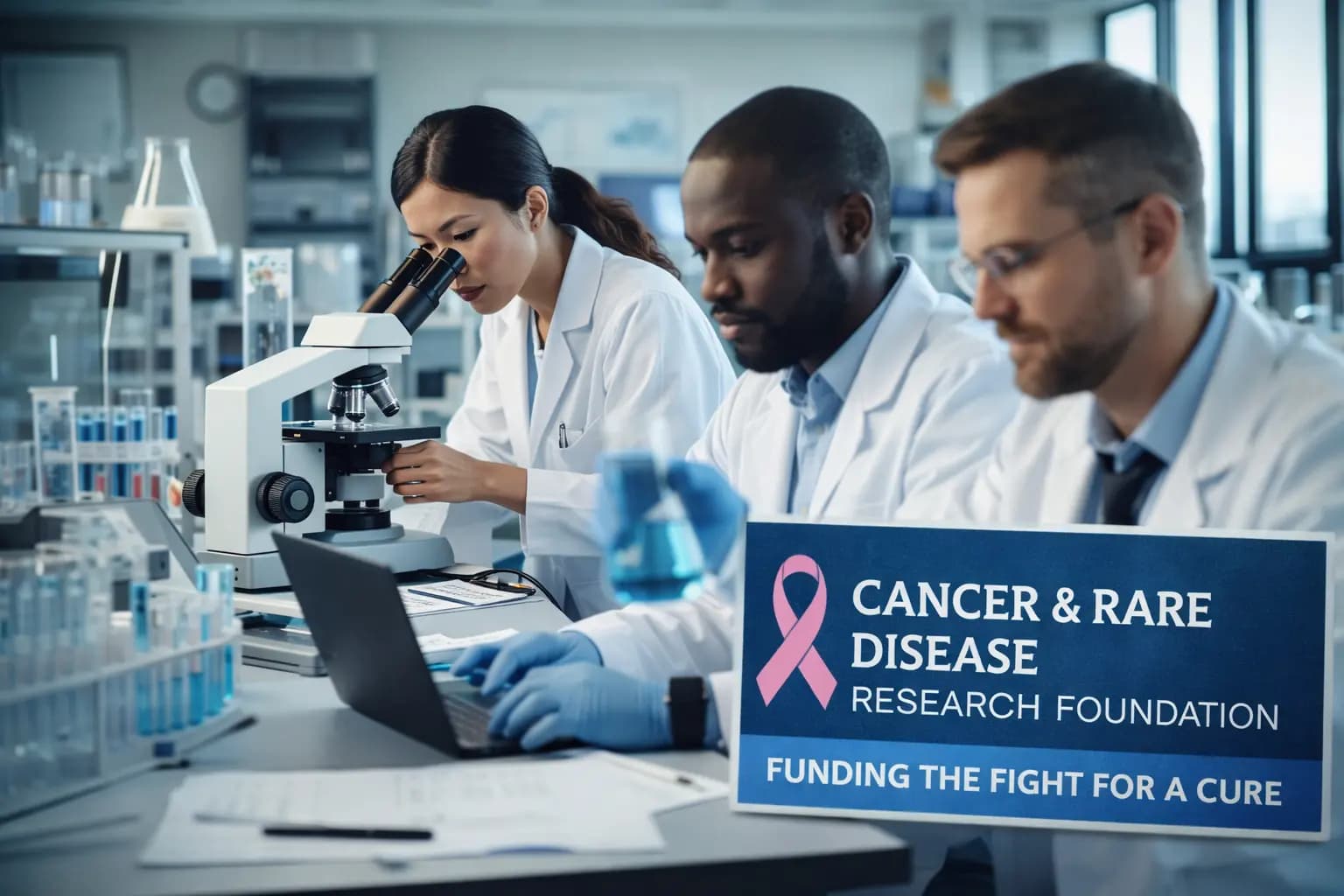 Scientists in a lab working for a cancer research foundation, a 501(c)(3) organization.