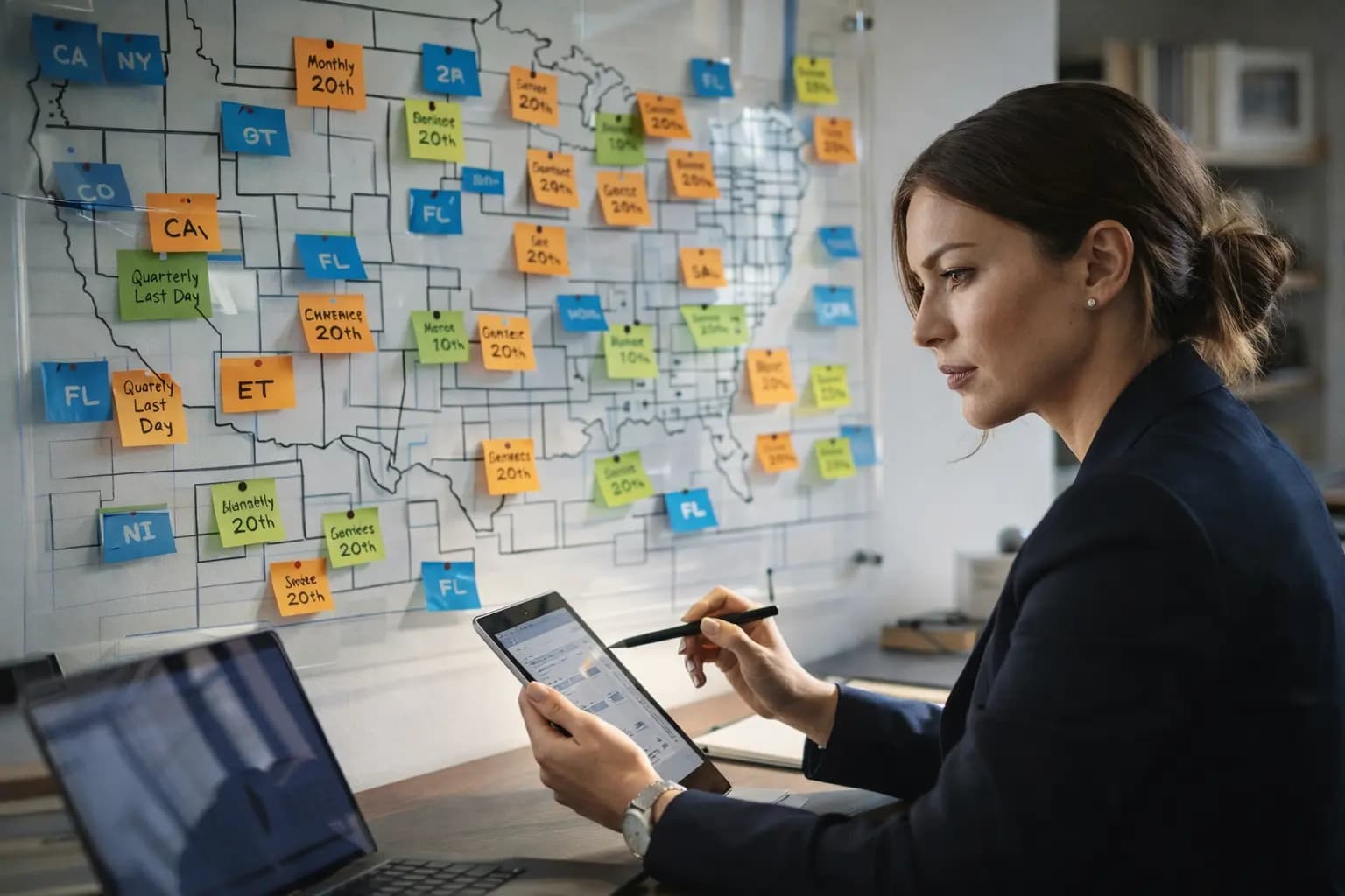 Businesswoman with a tablet reviewing a US map covered in sticky notes for business filing deadlines by state.