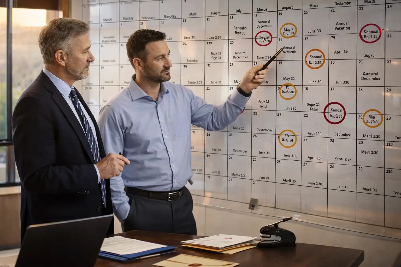 Two professionals reviewing circled dates on a large state tax filing deadlines calendar.