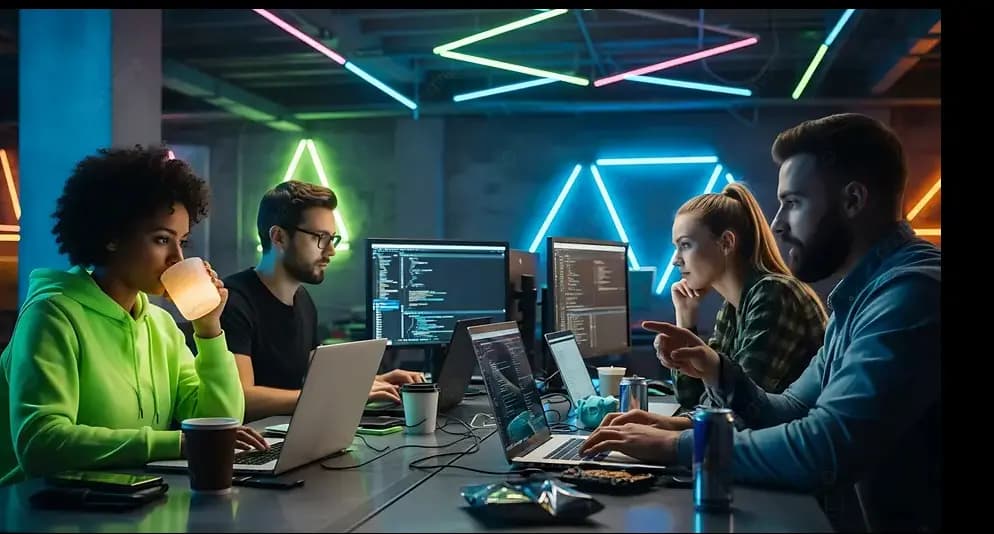 Four software developers in a neon-lit office coding on laptops to register business in another state.