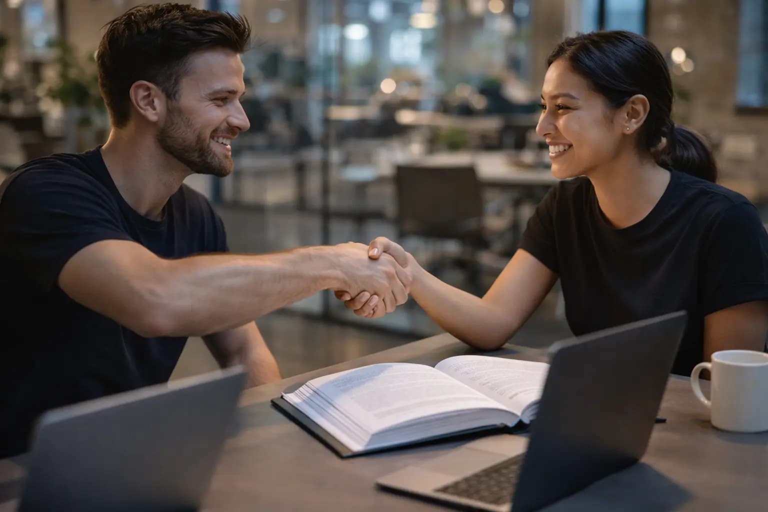 Smiling co-founders shaking hands over an open book to finalize their LLC Operating Agreement.