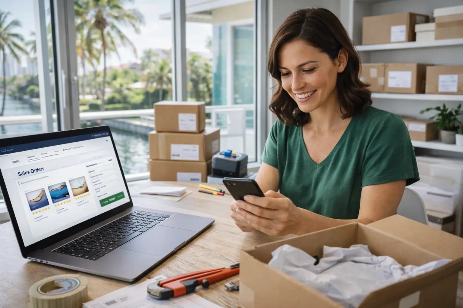 Smiling Florida e-commerce owner with shipping boxes and a laptop, using her phone to update her registered agent.
