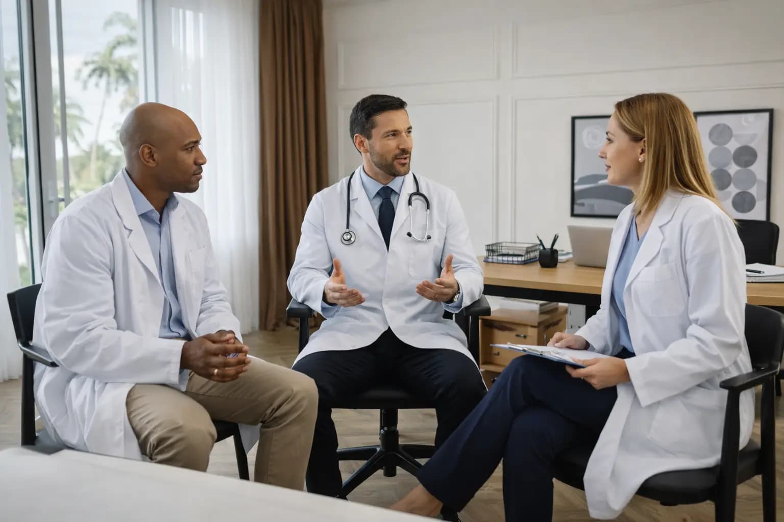 Three doctors meeting in a modern clinic, reviewing a clipboard to finalize their corporate bylaws.