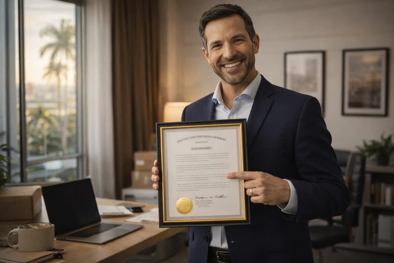 Smiling entrepreneur pointing to a framed certificate for his trademark registration for business names.