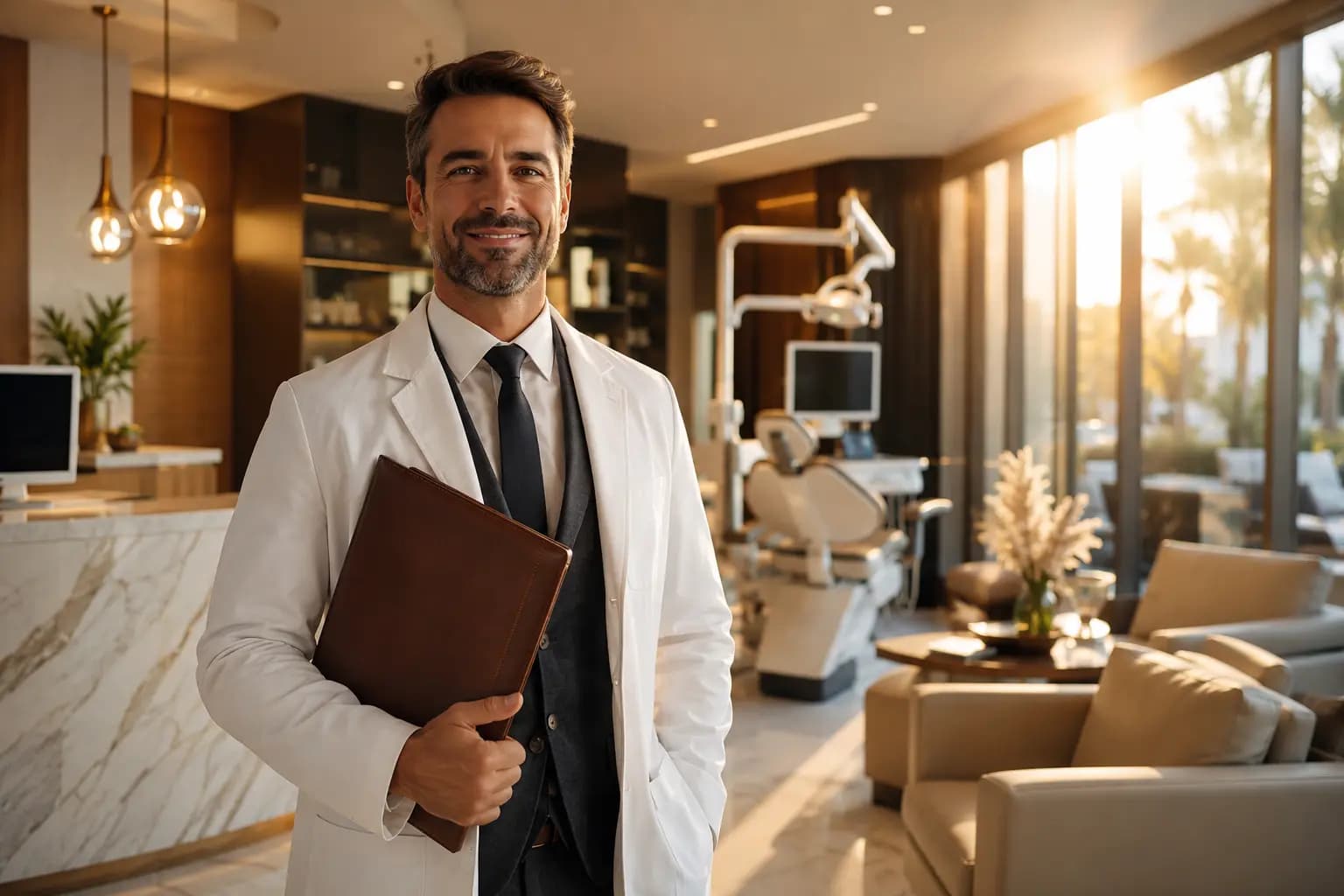 Dentist in a bright, modern clinic reviewing paperwork on Articles of Organization vs Articles of Incorporation.